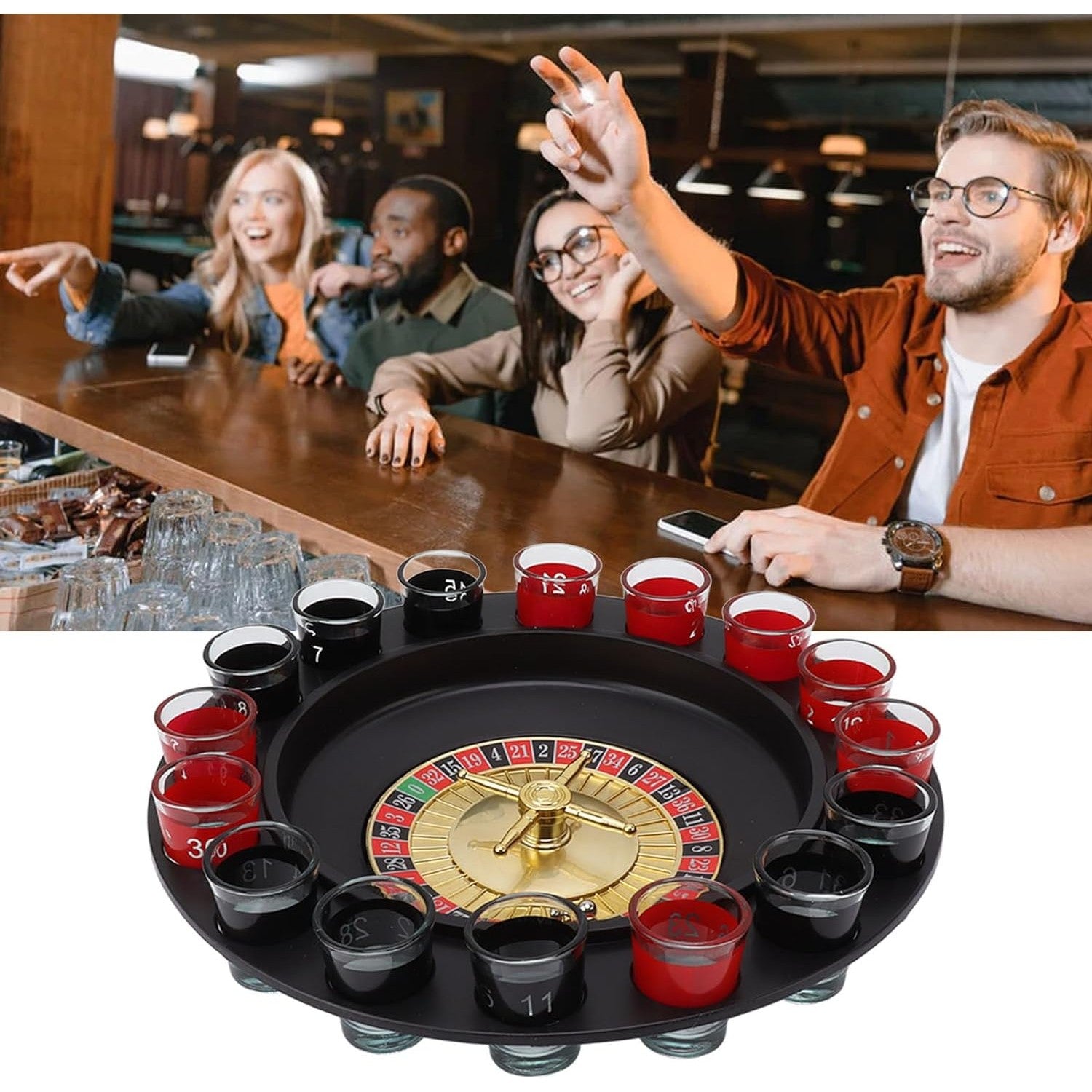 Joc de Baut Ruleta cu Pahare de Shot Flippy, 30 cm, Rosu/Negru-2