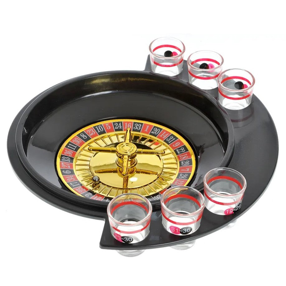 Joc de Baut Ruleta Flippy, cu 6 Pahare de Shot din Sticla , 30 x 26.5 x 6.5 cm, Rosu/Negru-2
