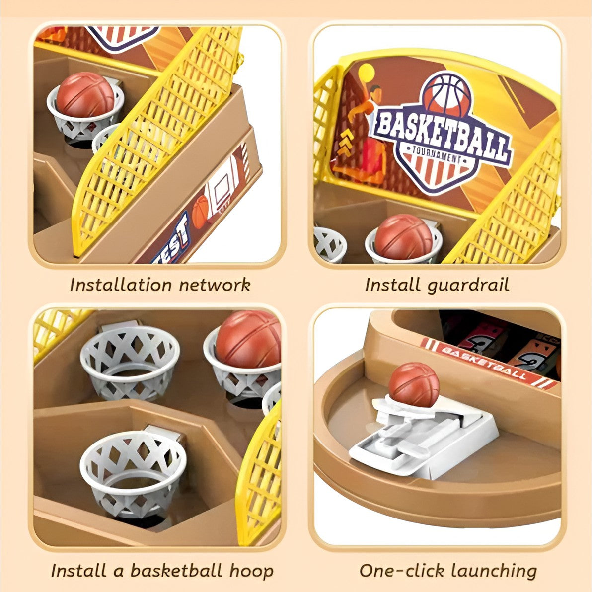 Joc de Masa Mini Baschet Interactiv pentru Copii, Flippy, 4 Cosuri, 3 Mingi Incluse, 23.5x11.5x14 cm, Maro-4