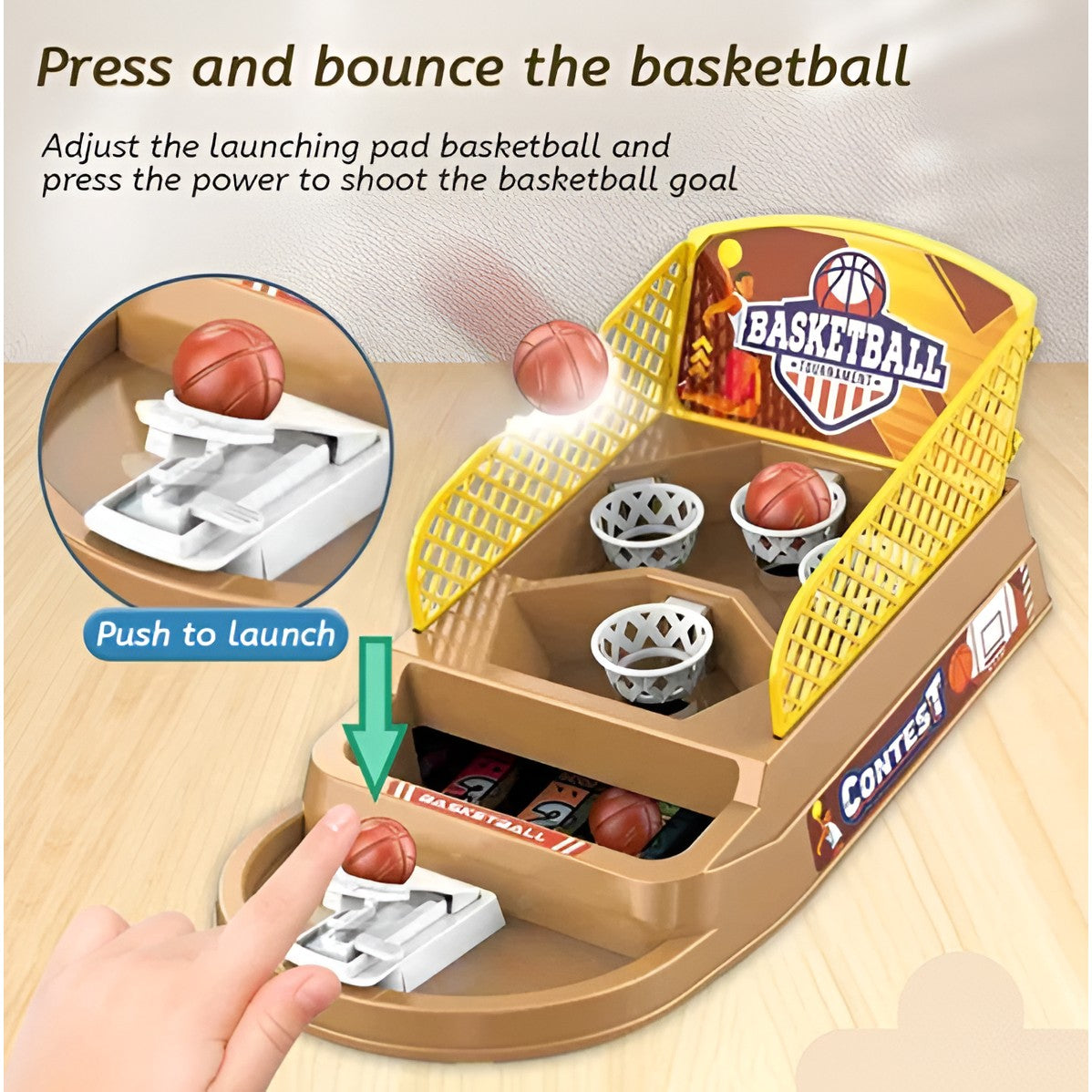 Joc de Masa Mini Baschet Interactiv pentru Copii, Flippy, 4 Cosuri, 3 Mingi Incluse, 23.5x11.5x14 cm, Maro-5