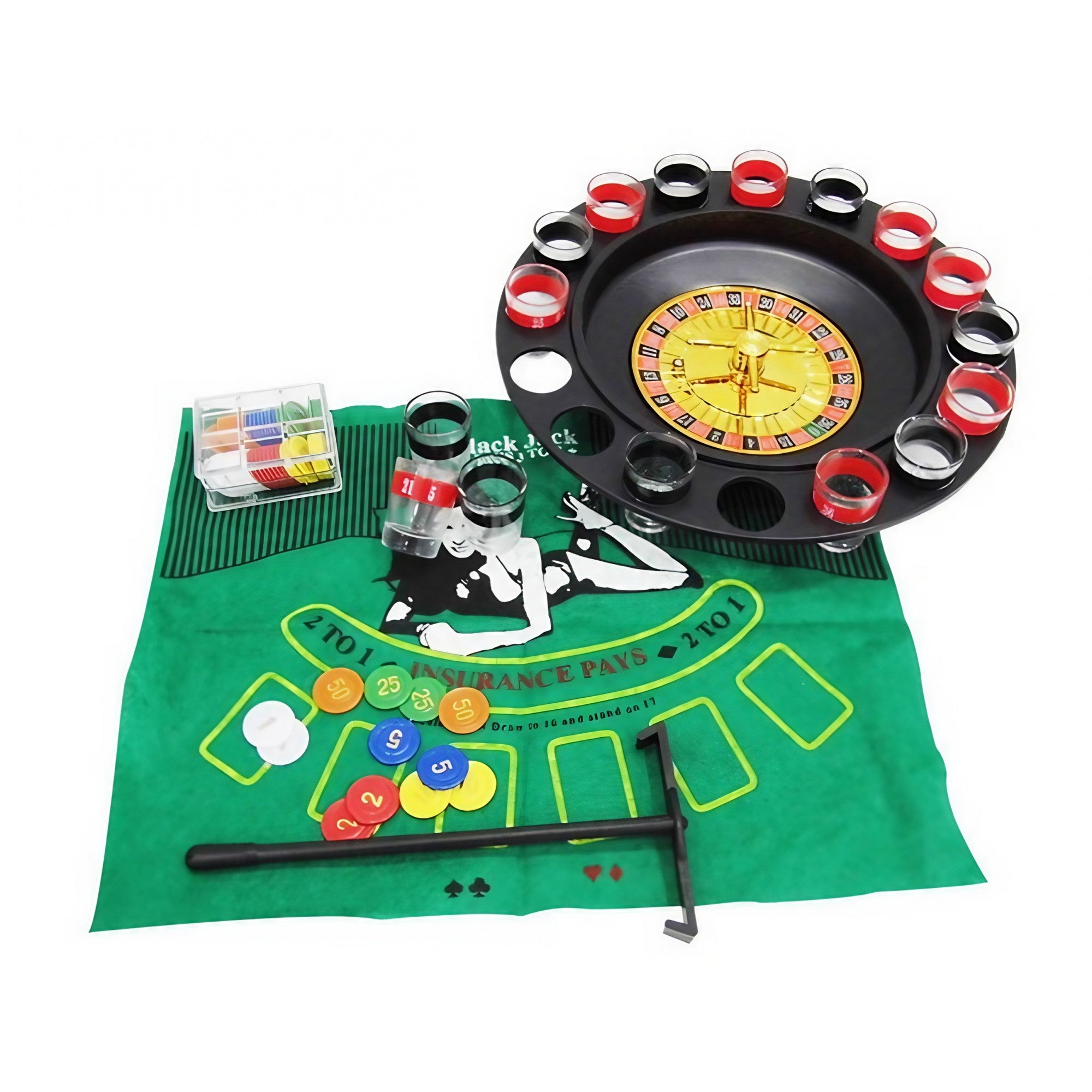 Joc de Ruleta Flippy, cu Pahare de Shot si Plansa de Joc Blackjack, 31 cm, Multicolor-2