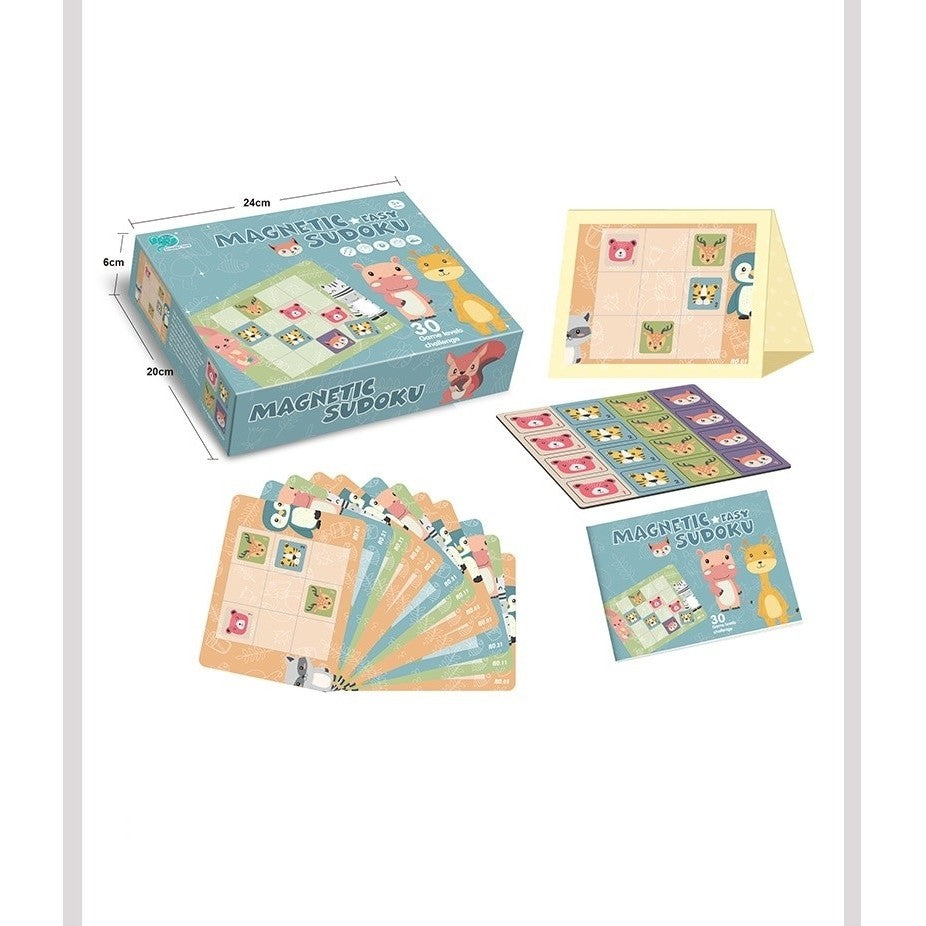 Joc educativ Sudoku cu tablita magnetica, 32 de piese, cartonase cu animale, Verde-4