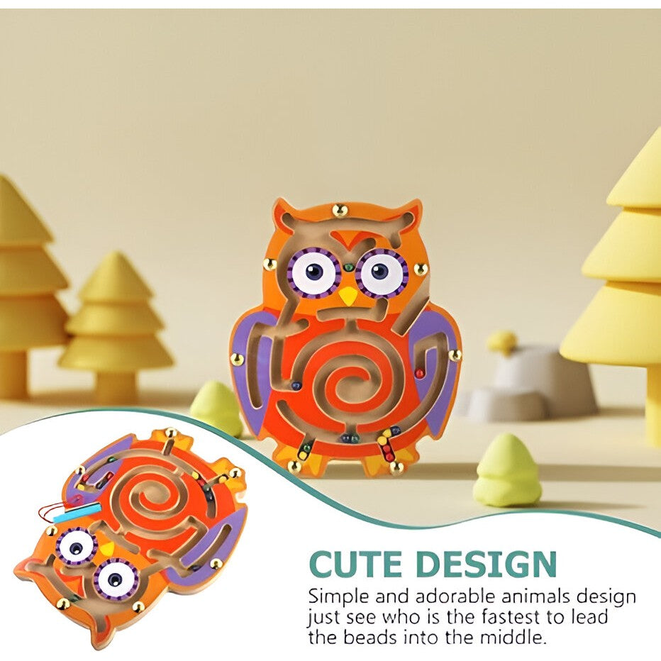 Joc Montessori cu Bile, Flippy, Creion Magnetic, Tip Labirint, din Lemn, Model Bufnita, 18.5x17.5 cm, Portocaliu-Mov-2