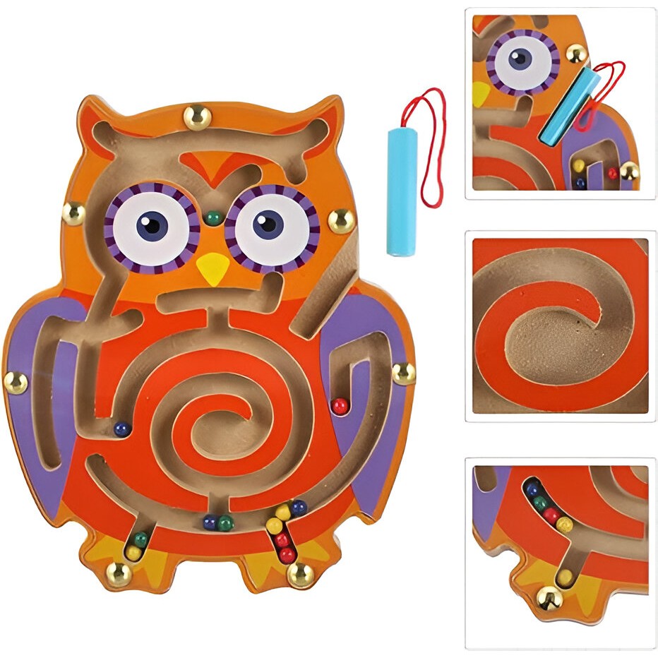 Joc Montessori cu Bile, Flippy, Creion Magnetic, Tip Labirint, din Lemn, Model Bufnita, 18.5x17.5 cm, Portocaliu-Mov-4