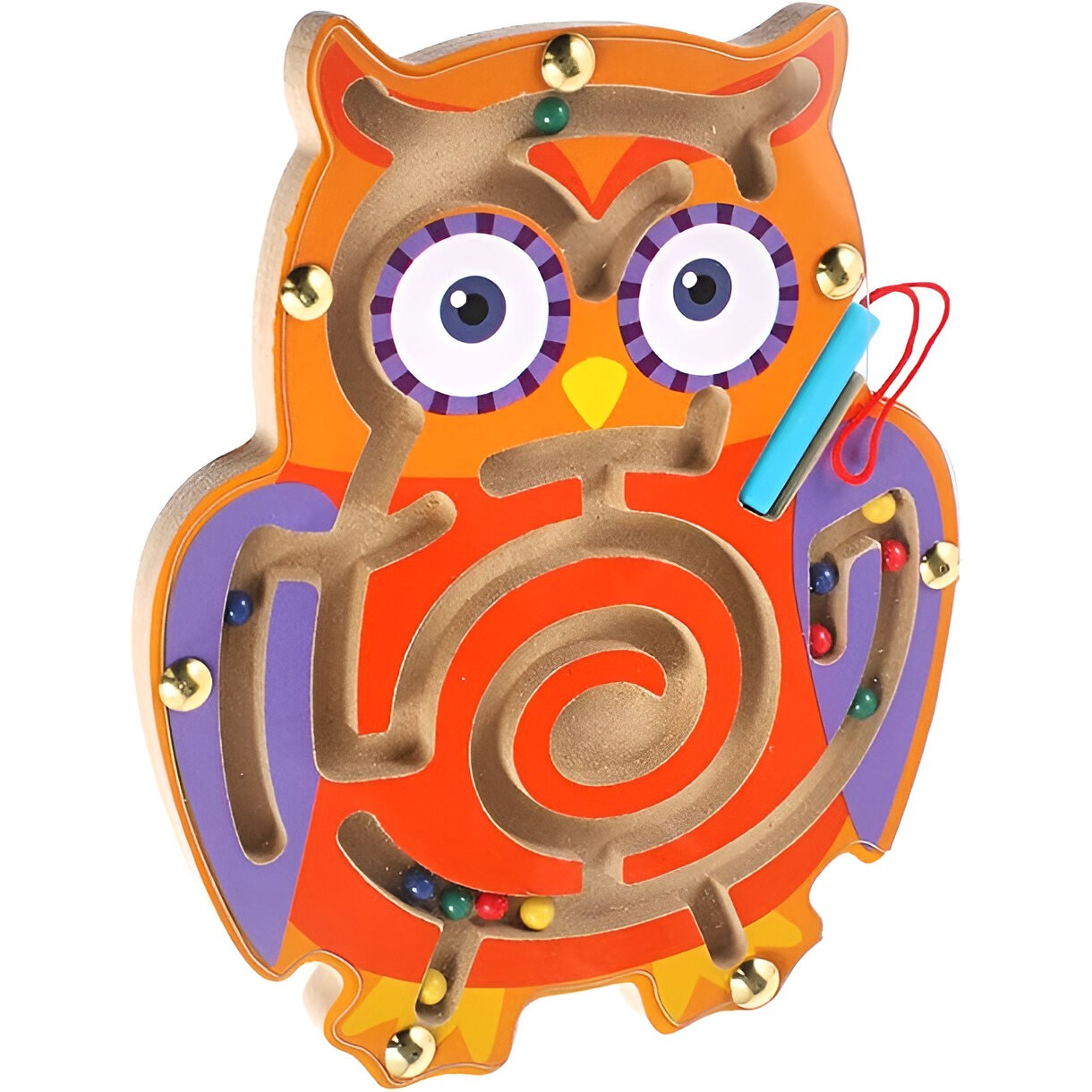 Joc Montessori cu Bile, Flippy, Creion Magnetic, Tip Labirint, din Lemn, Model Bufnita, 18.5x17.5 cm, Portocaliu-Mov-5