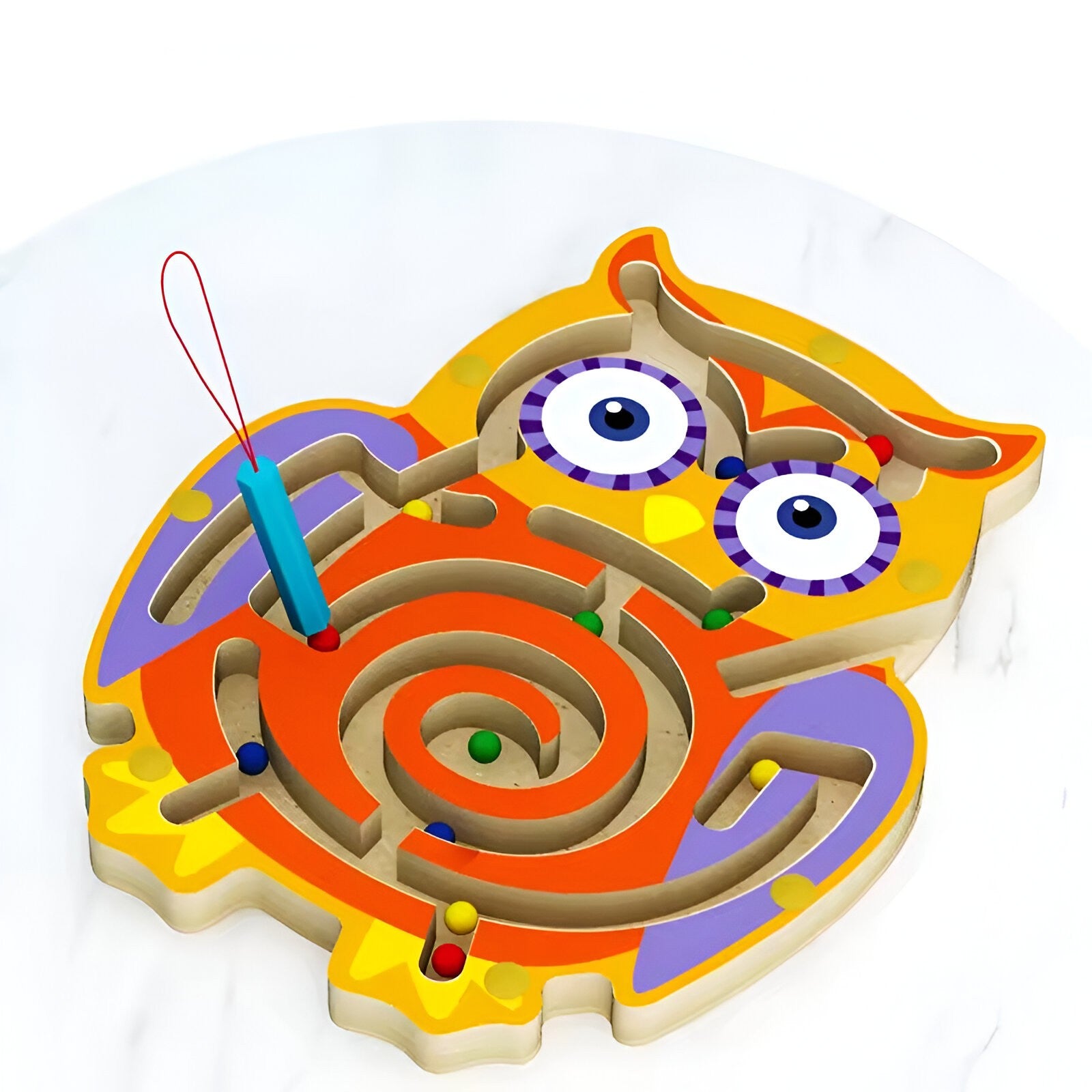 Joc Montessori cu Bile, Flippy, Creion Magnetic, Tip Labirint, din Lemn, Model Bufnita, 18.5x17.5 cm, Portocaliu-Mov-8