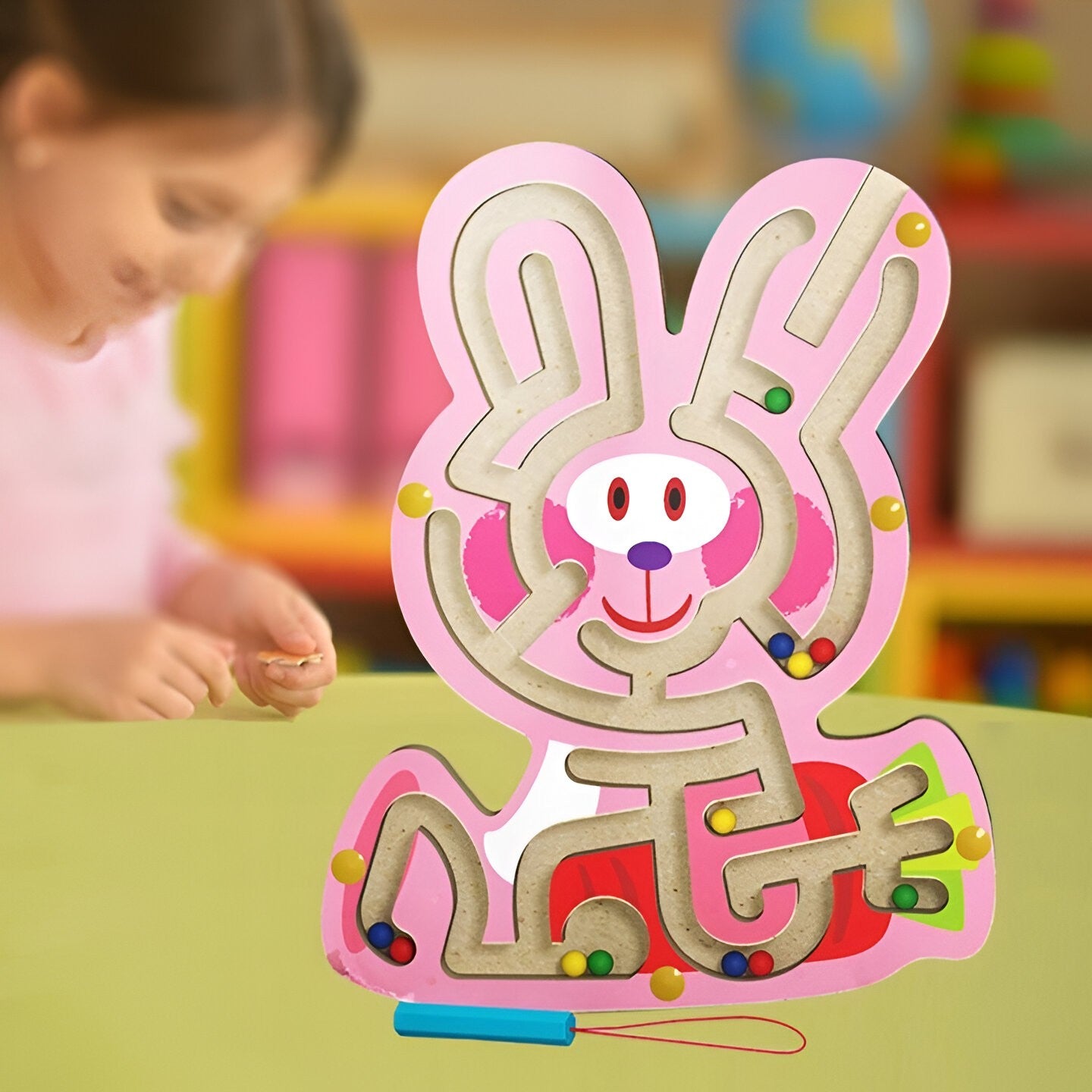 Joc Montessori cu Bile, Flippy, Creion Magnetic, Tip Labirint, din Lemn, Model Iepuras, 19.5x15.5 cm, Roz-3