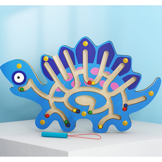 Joc Montessori cu Bile, Flippy, Creion Magnetic, Tip Labirint, din Lemn, Model Stegozaur, 25x15.5 cm, Albastru-1