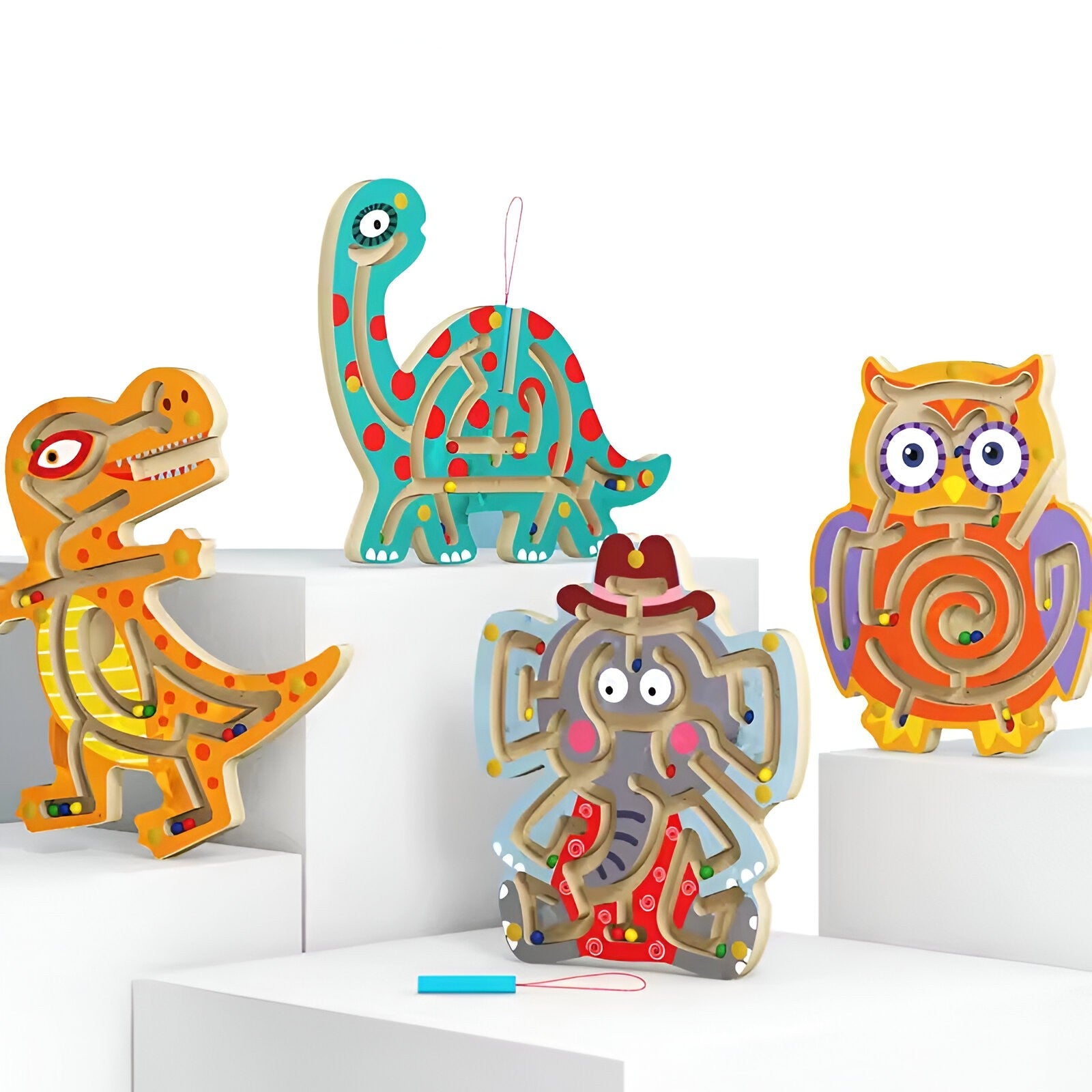 Joc Montessori cu Bile, Flippy, Creion Magnetic, Tip Labirint, din Lemn, Model Tiranozaur, 21x18 cm, Portocaliu-1