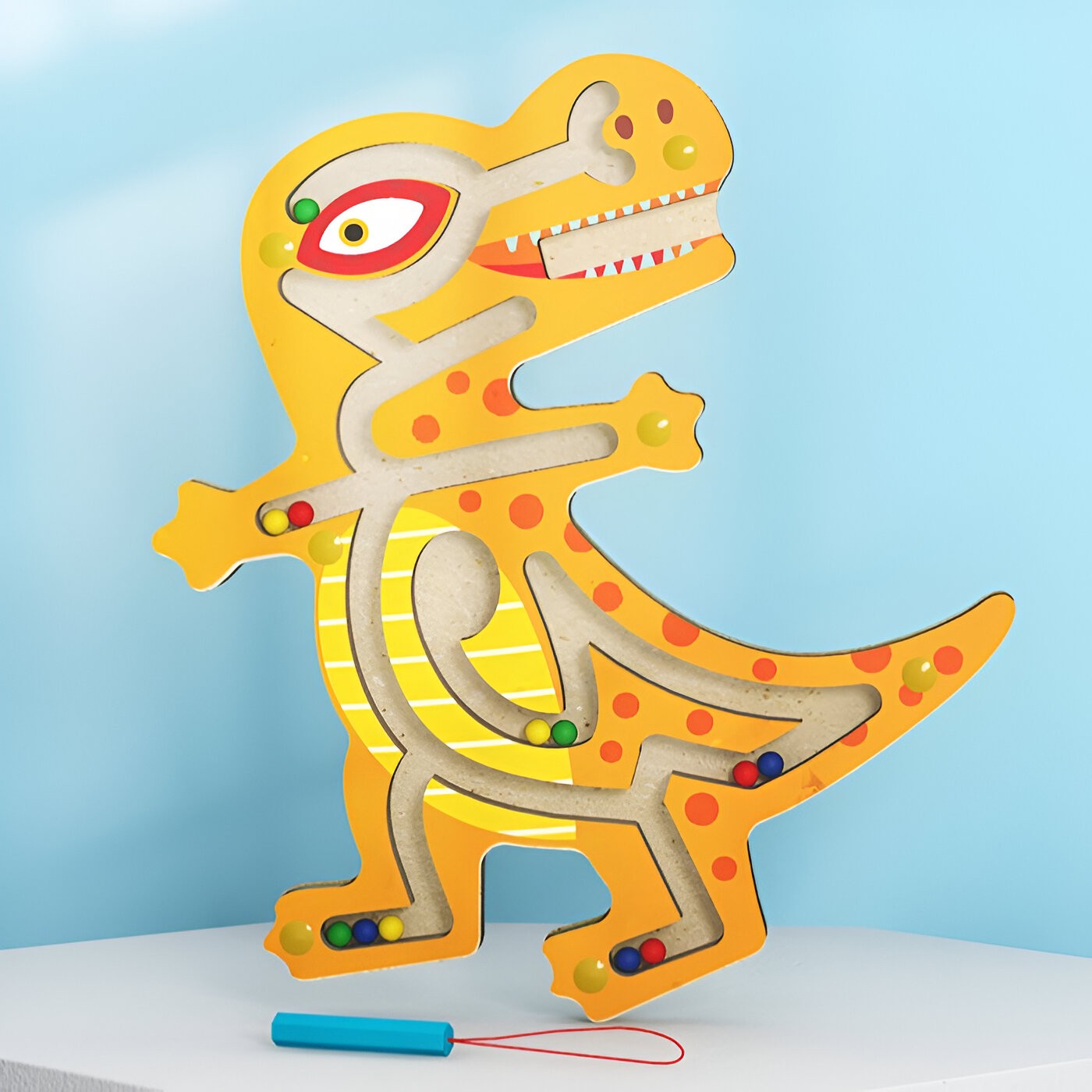 Joc Montessori cu Bile, Flippy, Creion Magnetic, Tip Labirint, din Lemn, Model Tiranozaur, 21x18 cm, Portocaliu-2