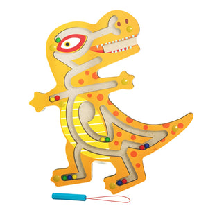 Joc Montessori cu Bile, Flippy, Creion Magnetic, Tip Labirint, din Lemn, Model Tiranozaur, 21x18 cm, Portocaliu-0