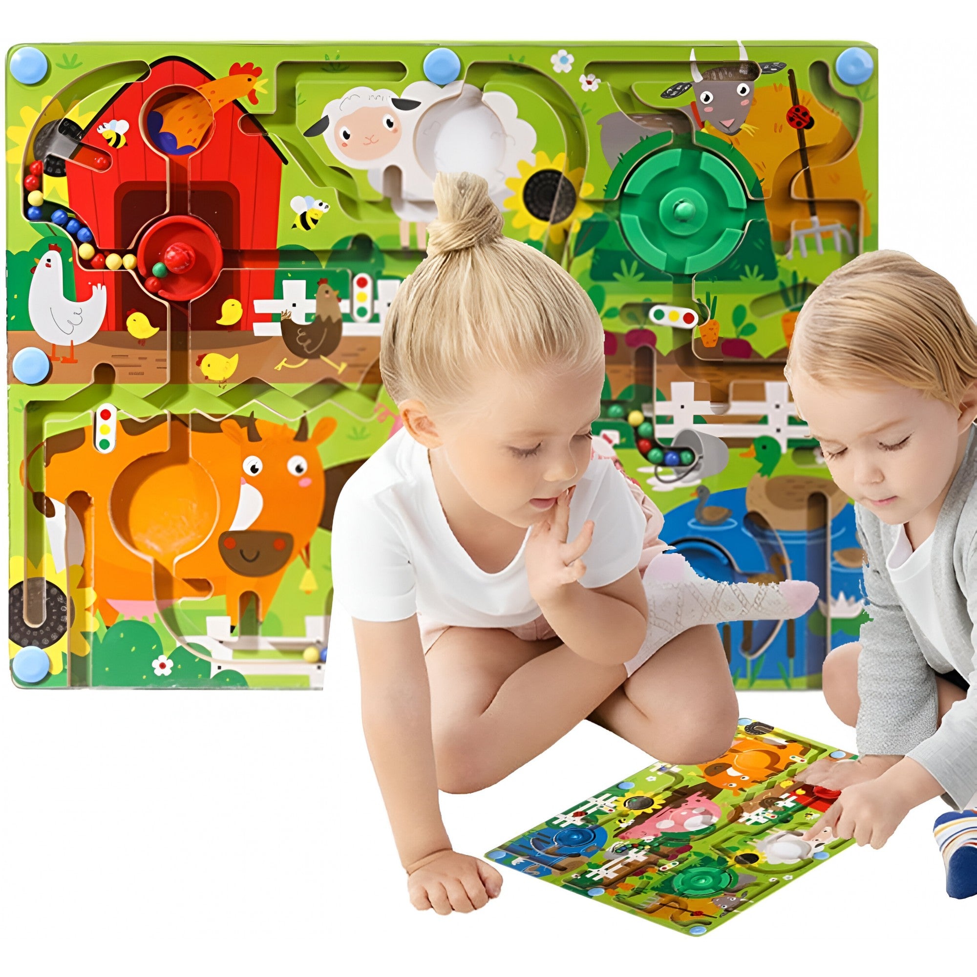 Joc Montessori de Sortare Culori, Flippy, Creion Magnetic, Tip Labirint Ilustrat, din Lemn, Model Ferma, 39x29x1.5 cm-4