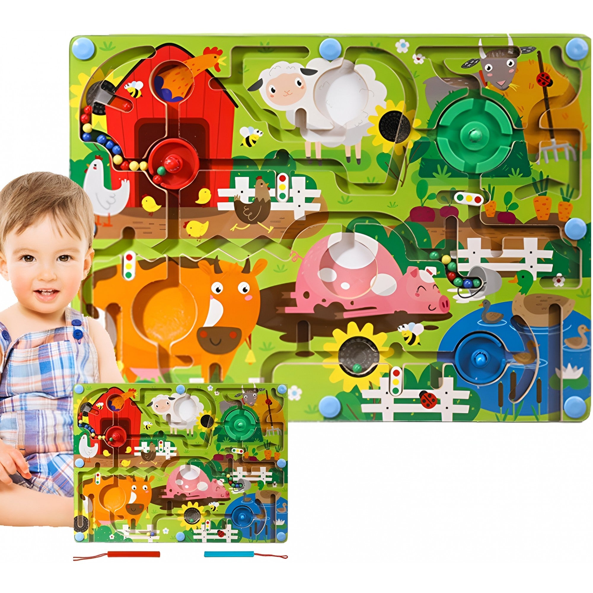 Joc Montessori de Sortare Culori, Flippy, Creion Magnetic, Tip Labirint Ilustrat, din Lemn, Model Ferma, 39x29x1.5 cm-5