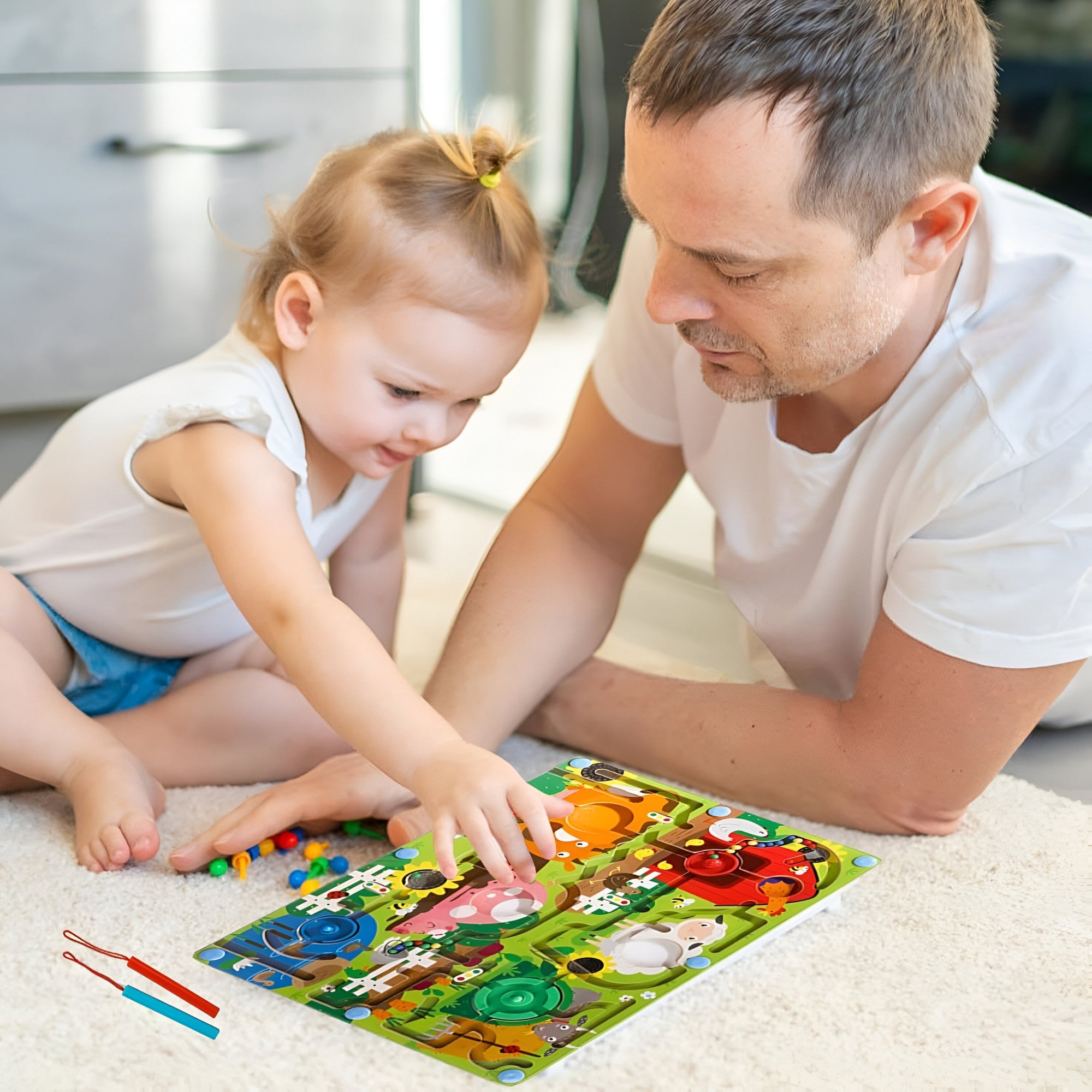 Joc Montessori de Sortare Culori, Flippy, Creion Magnetic, Tip Labirint Ilustrat, din Lemn, Model Ferma, 39x29x1.5 cm-7