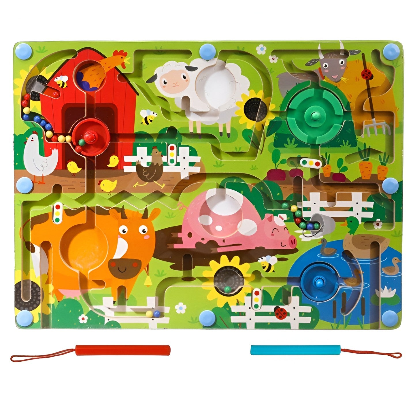 Joc Montessori de Sortare Culori, Flippy, Creion Magnetic, Tip Labirint Ilustrat, din Lemn, Model Ferma, 39x29x1.5 cm-0