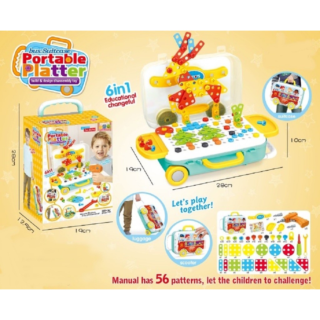 Jucarie educativa pentru copii, Flippy, Set 258 piese, 6 in 1, Valiza cu bormasina, Multicolor-2