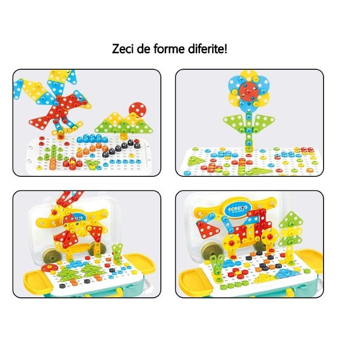 Jucarie educativa pentru copii, Flippy, Set 258 piese, 6 in 1, Valiza cu bormasina, Multicolor-5