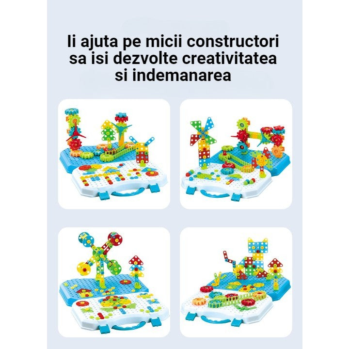 Jucarie Educativa Si Interactiva, Flippy, Set De Constructie Puzzle Din ABS Cu Bormasina Pentru Dezvoltatea Creativitatii Si A Indemanarii 2D si 3D, Valiza, +3, 31x7x25 cm, 336 Piese-6