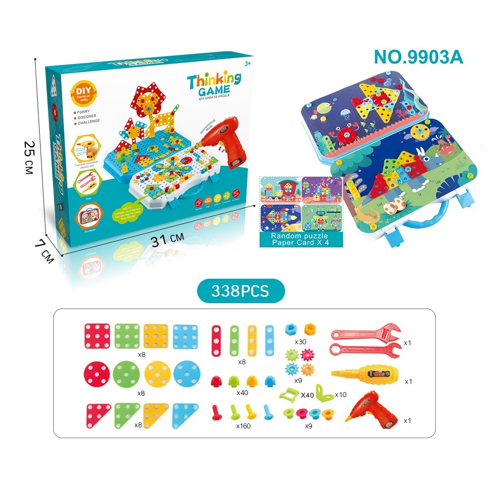 Jucarie Educativa Si Interactiva, Flippy, Set De Constructie Puzzle Din ABS Cu Bormasina Pentru Dezvoltatea Creativitatii Si A Indemanarii 2D si 3D, Valiza, +3, 31x7x25 cm, 338 Piese-1