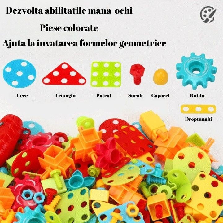Jucarie Educativa Si Interactiva, Flippy, Set De Constructie Puzzle Din ABS Cu Bormasina Pentru Dezvoltatea Creativitatii Si A Indemanarii 2D si 3D, Valiza, +3, 31x7x25 cm, 338 Piese-3