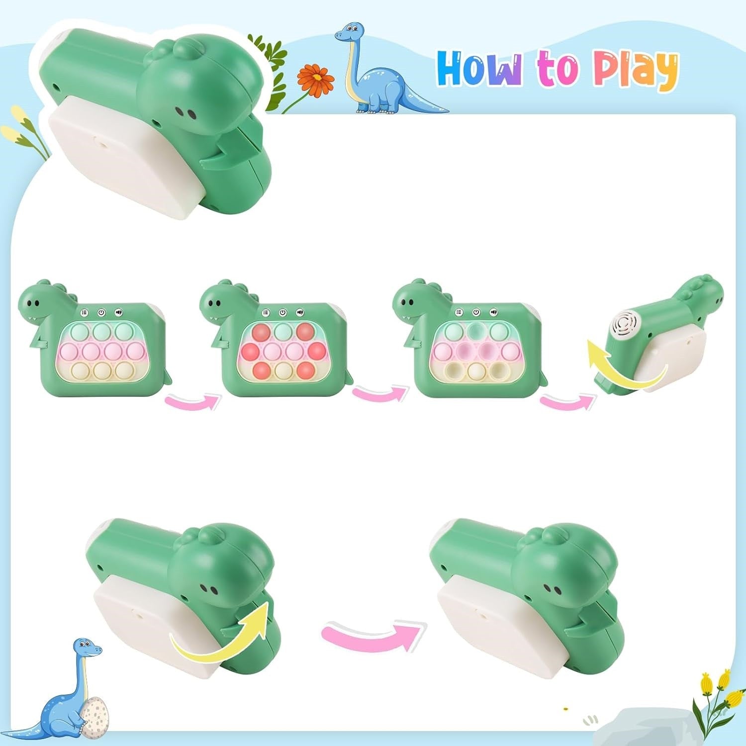 Jucarie Interactiva Pop It Whack A Mole, Flippy, Tip Consola, Anti-Stres, 4 Moduri de Joc, din ABS si Silicon, +3 Ani, Model Dinozaur, Verde-3