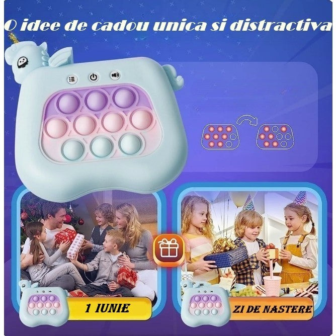 Jucarie Interactiva Tip Consola pentru Copii, Flippy, 12 Nivele, Diferite Moduri de Joc, Material ABS/silicon, cu Nivele, Sunete si Lumini, 13.5 x 5.5 x 12.5 cm, Model Unicorn, Albastru-2