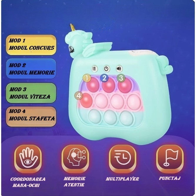 Jucarie Interactiva Tip Consola pentru Copii, Flippy, 12 Nivele, Diferite Moduri de Joc, Material ABS/silicon, cu Nivele, Sunete si Lumini, 13.5 x 5.5 x 12.5 cm, Model Unicorn, Albastru-3