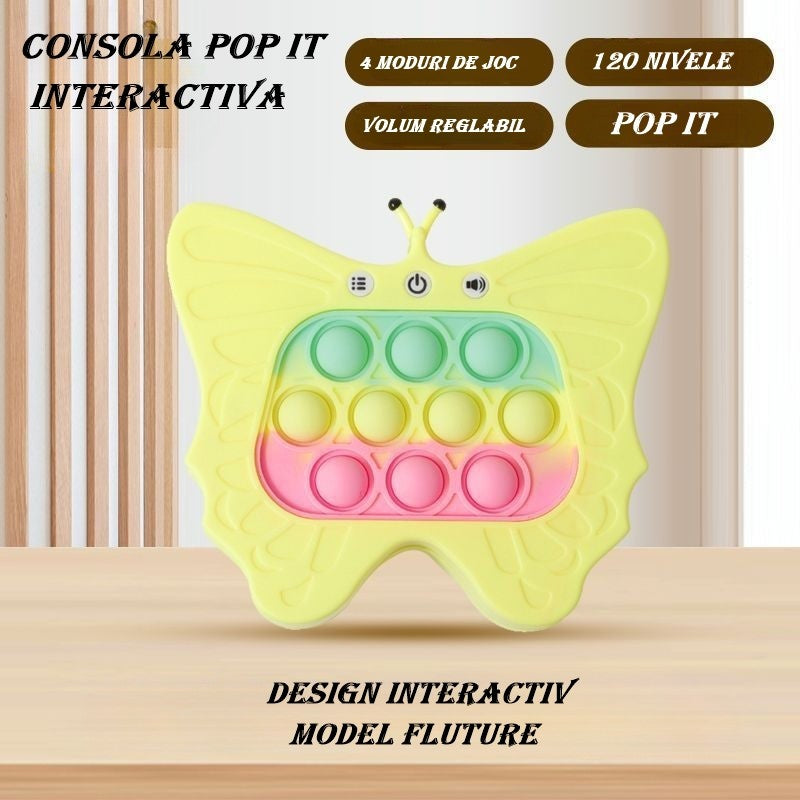 Jucarie Interactiva Tip Consola pentru Copii, Flippy, Diferite Moduri de Joc, 120 Nivele, Material ABS/silicon, cu Nivele, Sunete si Lumini, 12 x 5.5 x 13.5 cm cm, Model Fluture, Galben-2