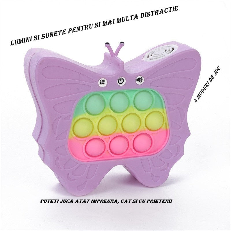 Jucarie Interactiva Tip Consola pentru Copii, Flippy, Diferite Moduri de Joc, 120 Nivele, Material ABS/silicon, Sunete si Lumini, 12 x 5.5 x 13.5 cm, Model Fluture, Mov-1