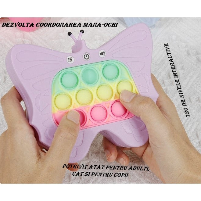 Jucarie Interactiva Tip Consola pentru Copii, Flippy, Diferite Moduri de Joc, 120 Nivele, Material ABS/silicon, Sunete si Lumini, 12 x 5.5 x 13.5 cm, Model Fluture, Mov-2