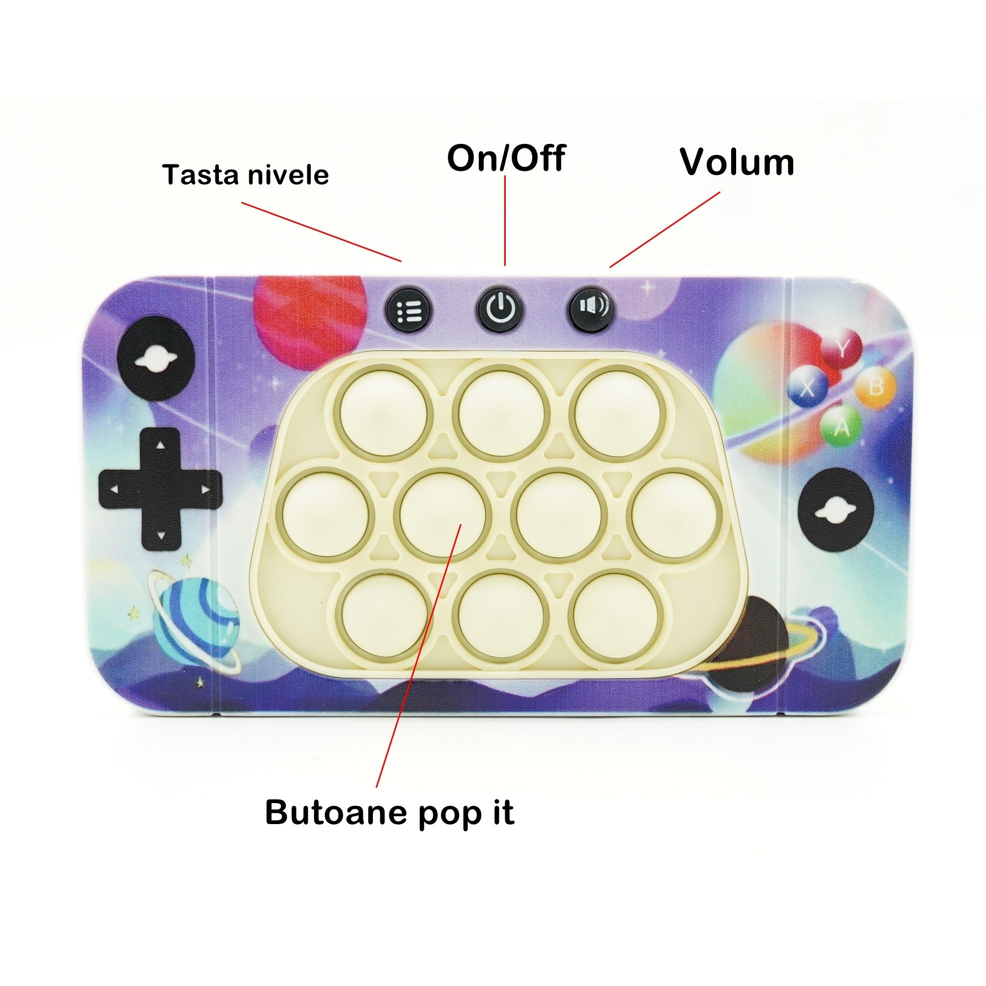 Jucarie interactiva tip consola pentru copii Flippy, speed push whack-a-mole, joc de viteza pop it, material ABS/silicon, cu nivele, sunete si lumini, 15.5 x 7.6 x 5.3 cm, model spatiu, multicolor-4