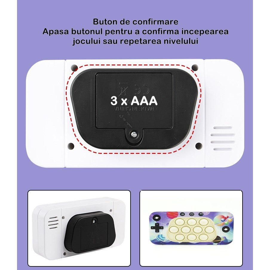 Jucarie interactiva tip consola pentru copii Flippy, speed push whack-a-mole, joc de viteza pop it, material ABS/silicon, cu nivele, sunete si lumini, 15.5 x 7.6 x 5.3 cm, model spatiu, multicolor-5