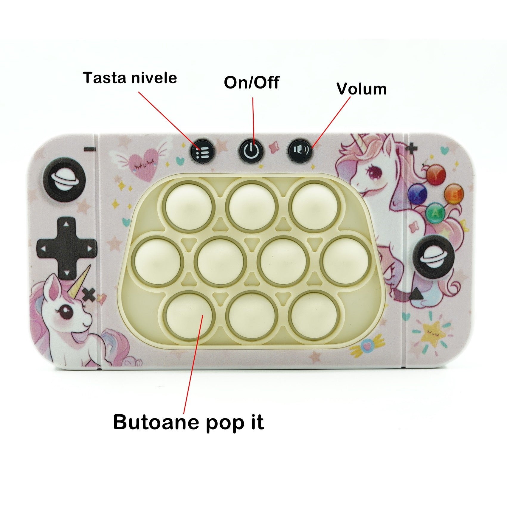 Jucarie interactiva tip consola pentru copii Flippy, speed push whack-a-mole, joc de viteza pop it, material ABS/silicon, cu nivele, sunete si lumini, 15.5 x 7.6 x 5.3 cm, model unicorn, roz-4