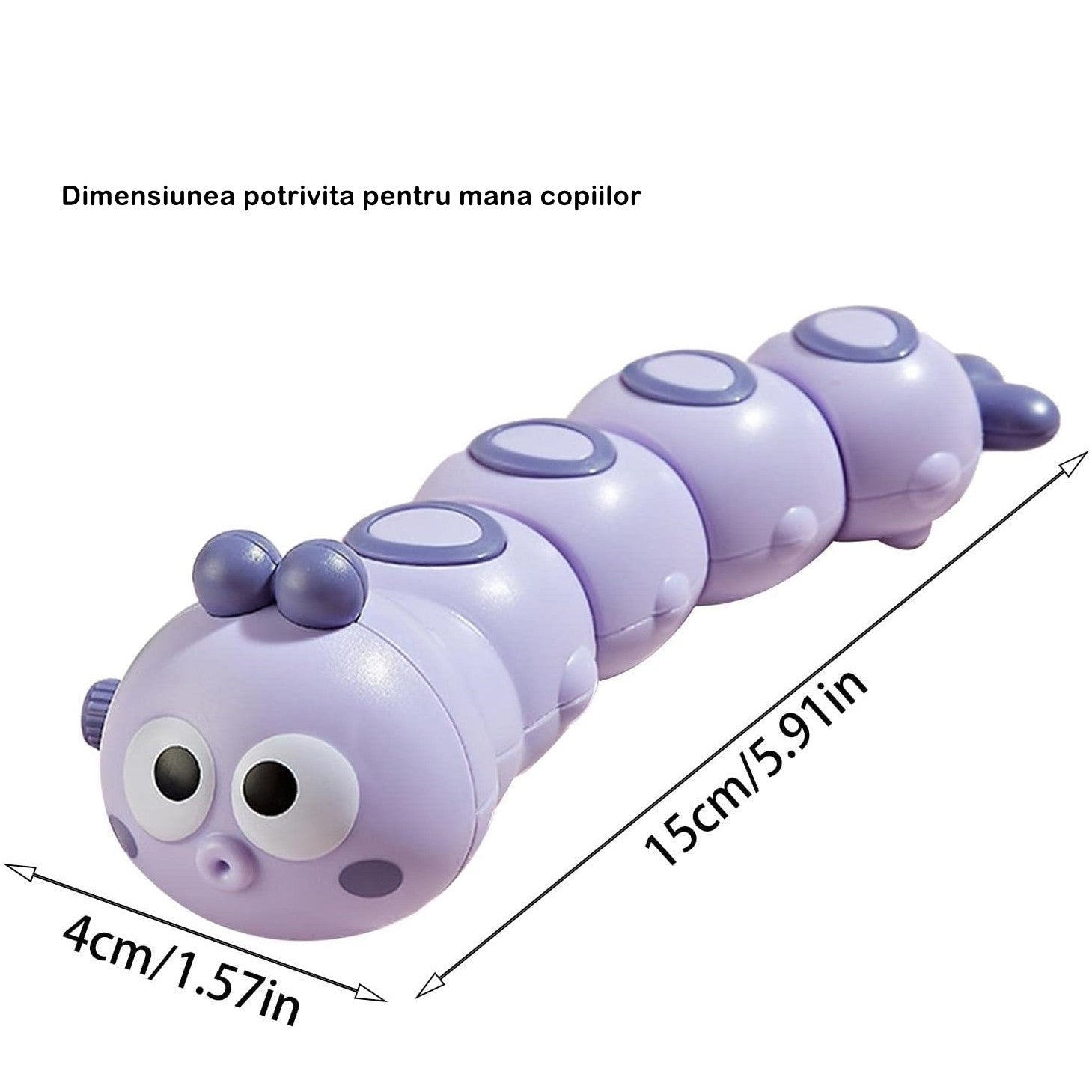 Jucarie mecanica pentru copii Flippy, omida haioasa, cu cheita, distractiva, se taraste, se misca, 15 x 4 cm, mov-2