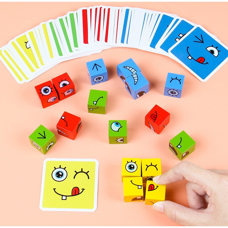 Jucarie pentru copii montessori Flippy, cub din lemn, asamblare fete, 64 de carti distractive, pentru baieti si fete, varsta +3 ani, educativ, multicolor-4