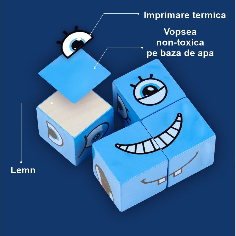 Jucarie pentru copii montessori Flippy, cub din lemn, asamblare fete, 64 de carti distractive, pentru baieti si fete, varsta +3 ani, educativ, multicolor-7