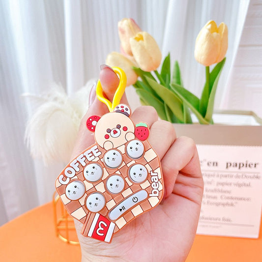 Jucarie pentru copii portabila Flippy, joc Gopher, cu lumini si muzica, tip breloc, model ursulet, material silicon si ABS, maro-1