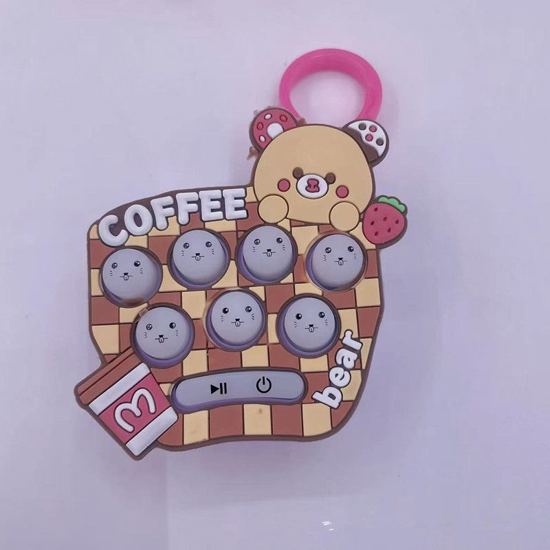 Jucarie pentru copii portabila Flippy, joc Gopher, cu lumini si muzica, tip breloc, model ursulet, material silicon si ABS, maro-2