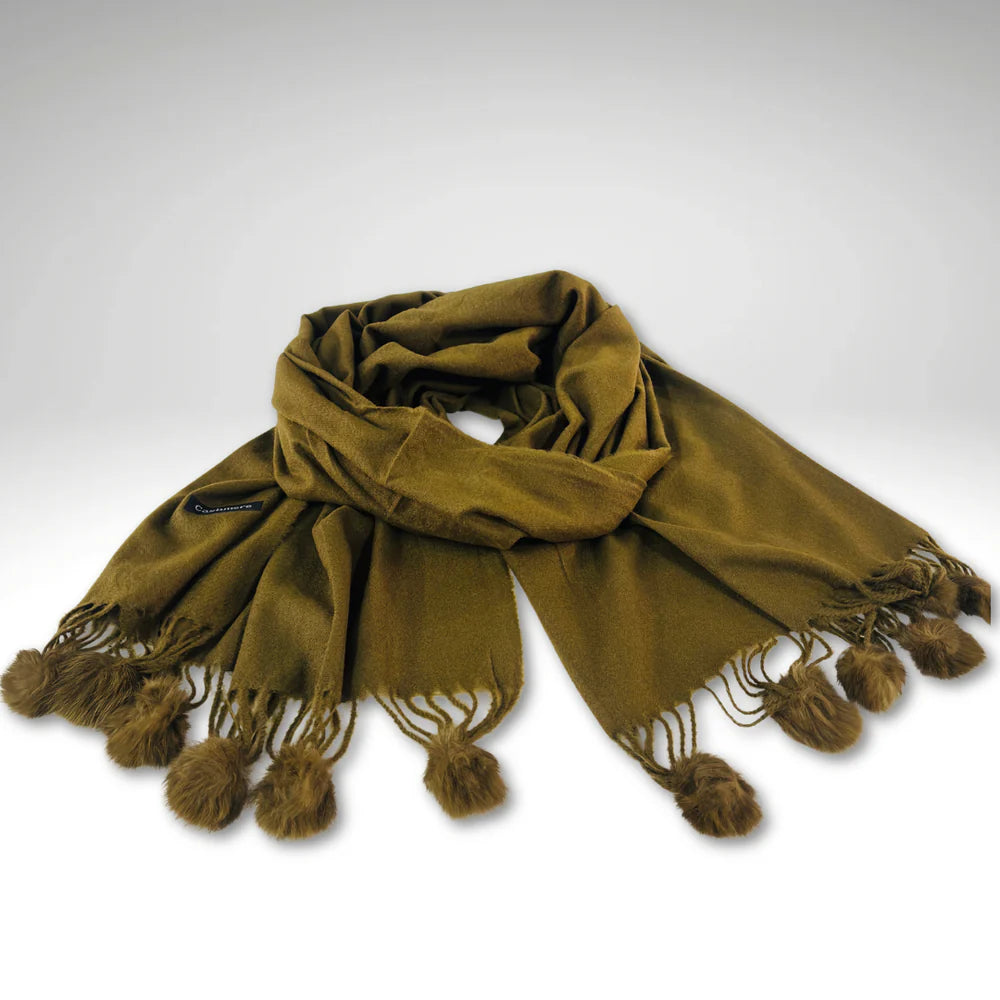 Esarfa din Casmir, cu Ciucuri - Kaki