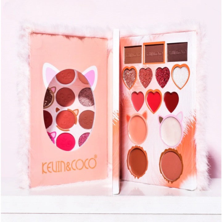 Set de Machiaj Kevin&Coco, 38 culori, Fard Ochi, Iluminatoare si Contouring, Husa Pufoasa, Model Pisicuta, 17.3x12.5x5 cm, Multicolor-4