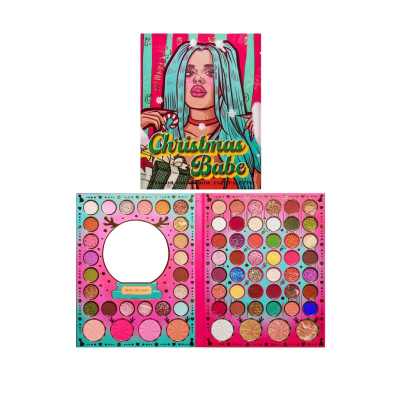 Set de Machiaj Kevin&Coco, 72 de Culori, Paleta de Farduri, Iluminatoare, Blush, Model Christmas Babe, Oglinda Rotunda, 25.5x20x1.7 cm, Multicolor-4