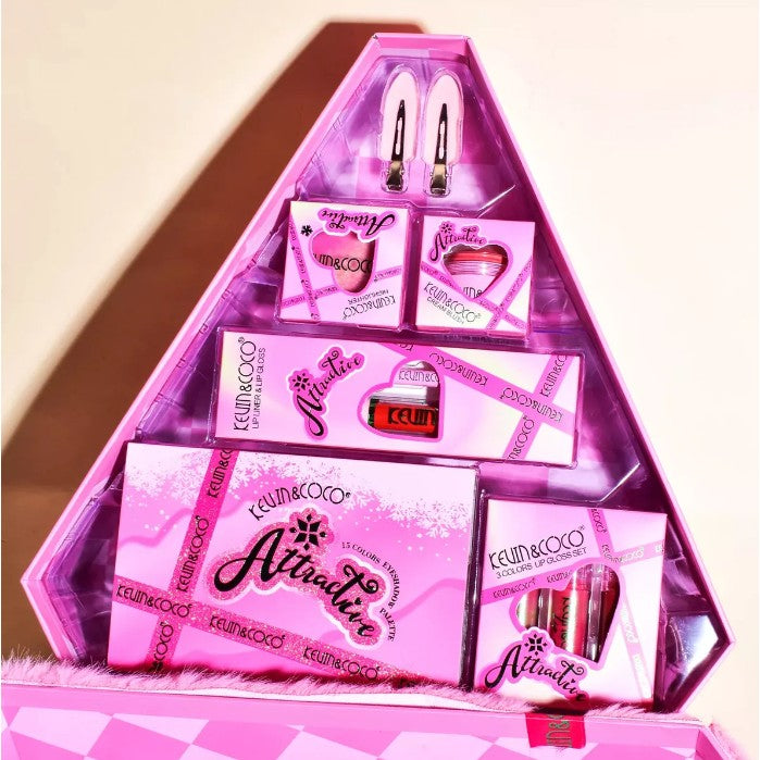 Set de Machiaj din 6 Piese Kevin&Coco, Farduri de Pleoape, Iluminator, Lip Gloss-uri, Creioane de Buze, Blush, Agrafe, Model Atractive, 35x33x10.5 cm, Multicolor-3