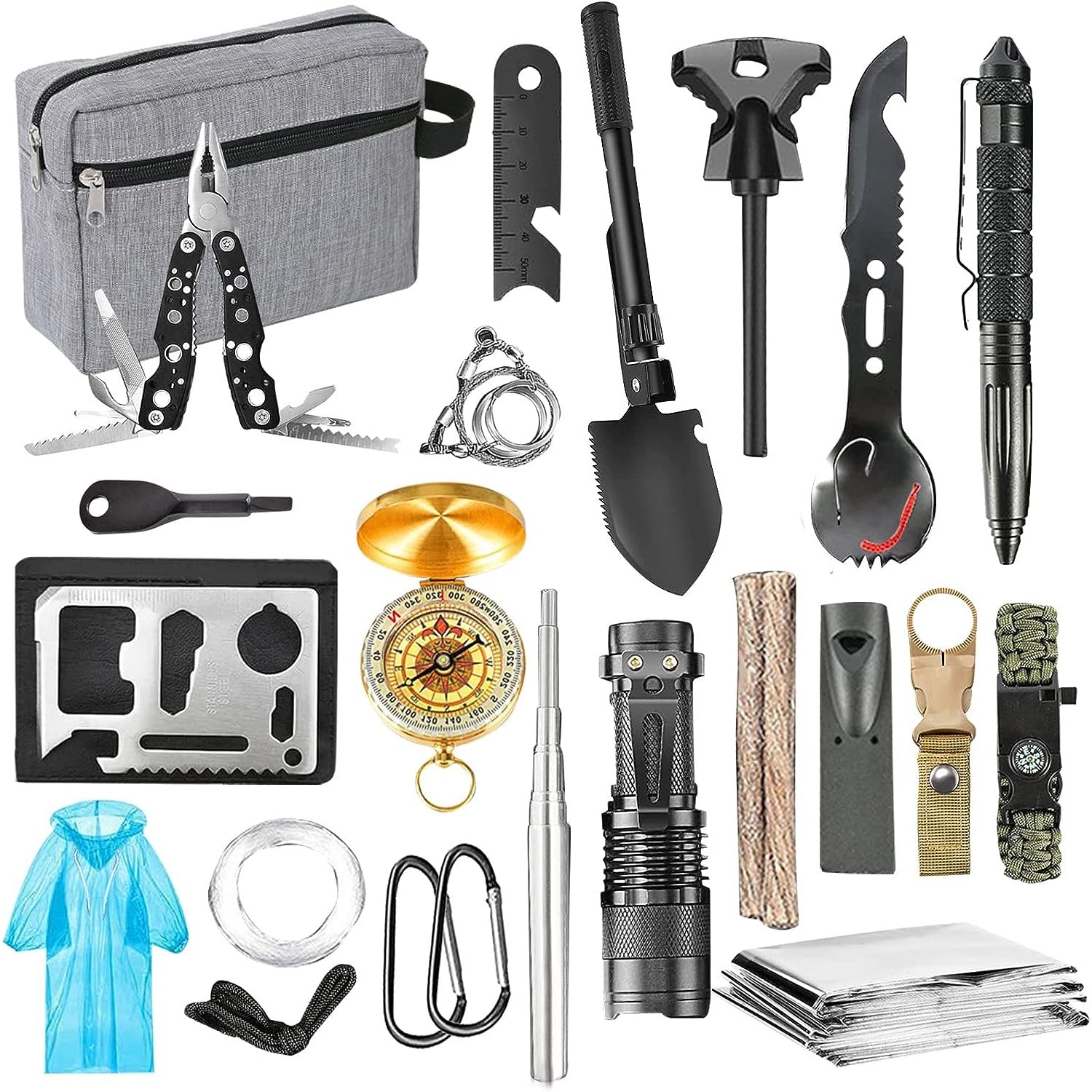 Kit supravietuire multifunctional Flippy, Instrumente profesionale, Agatatoare ghiozdan, pentru Camping, Drumetii, Aventuri in aer liber, borseta inclusa, gri-0