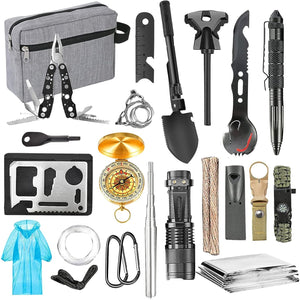 Kit supravietuire multifunctional Flippy, Instrumente profesionale, Agatatoare ghiozdan, pentru Camping, Drumetii, Aventuri in aer liber, borseta inclusa, gri-0