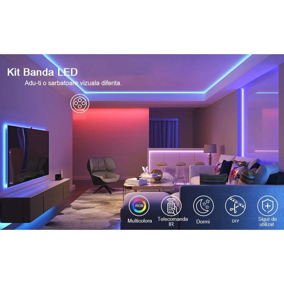 Kit Banda Led RGB SMD 5050 cu Transformator inclus Flippy - Lungime 5 M, 270 LED-uri, Telecomanda 44 taste, pentru TV, PC, Auto, IP65, Lumina Ambientala-13