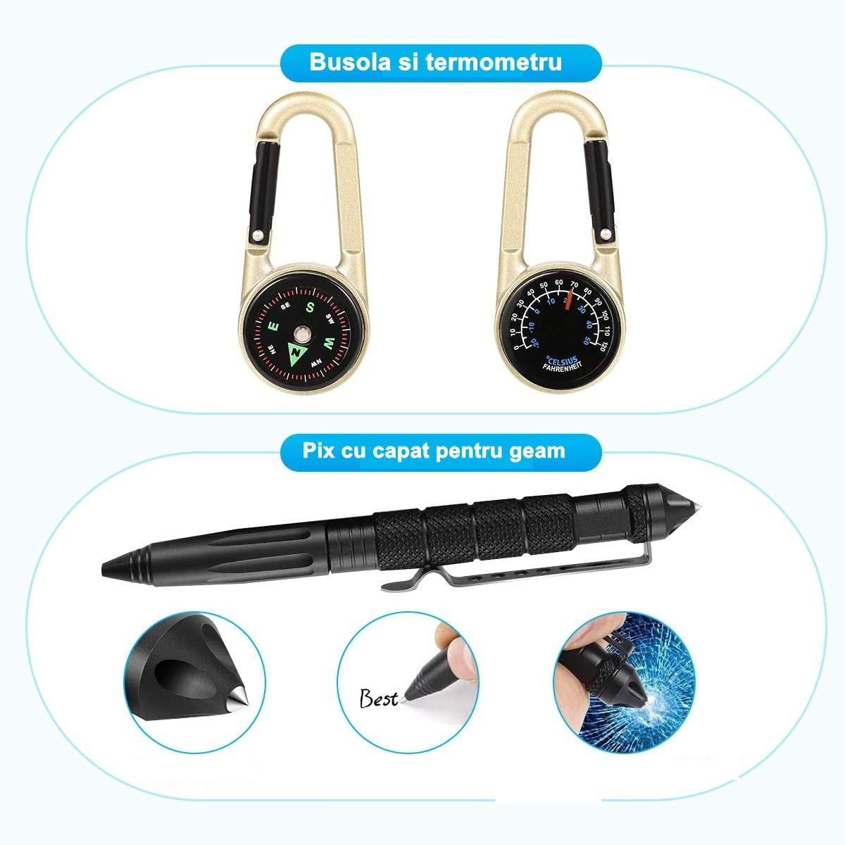 Kit supravietuire 19 in 1 Flippy, Cutit/Busola/Lanterna/Fluier/Chingi/Paracord, pentru Caping, Drumetii, Aventuri, Insturmente profesionale, Negru-7