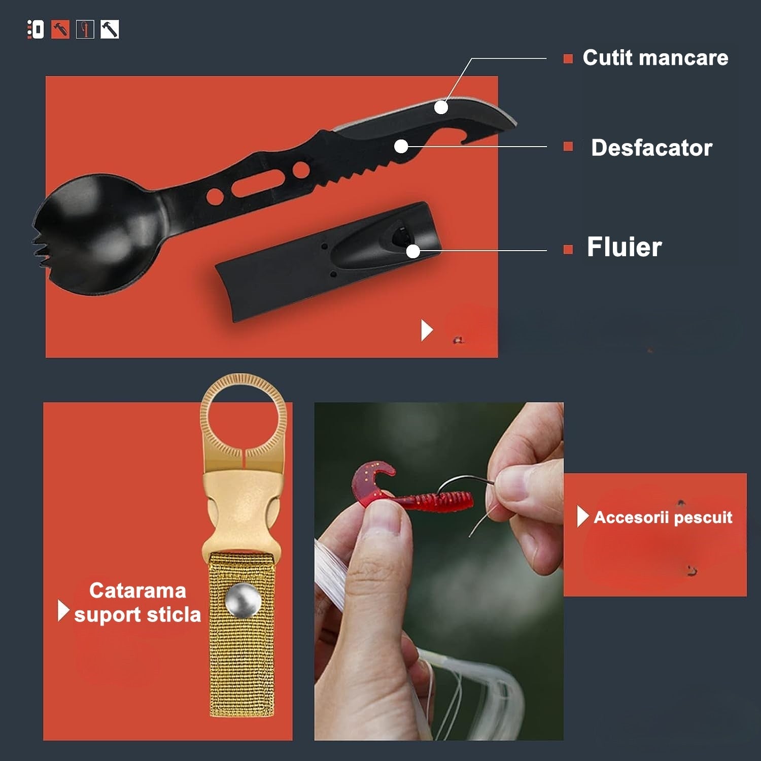 Kit supravietuire multifunctional 16 in 1 Flippy, Instrumente profesionale, Agatatoare ghiozdan, pentru Camping, Drumetii, Aventuri in aer liber, borseta inclusa, negru-3