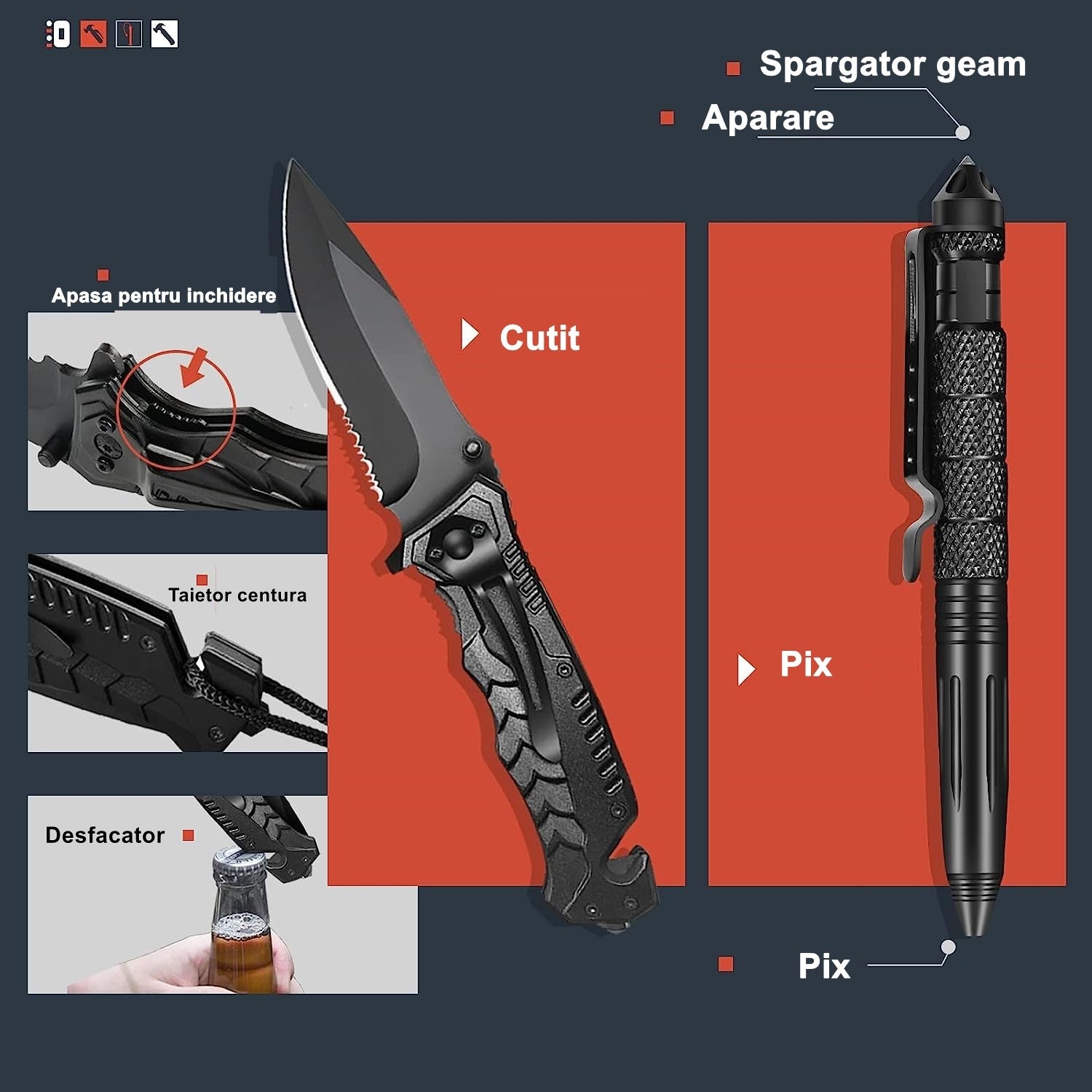 Kit supravietuire multifunctional 16 in 1 Flippy, Instrumente profesionale, Agatatoare ghiozdan, pentru Camping, Drumetii, Aventuri in aer liber, borseta inclusa, negru-8