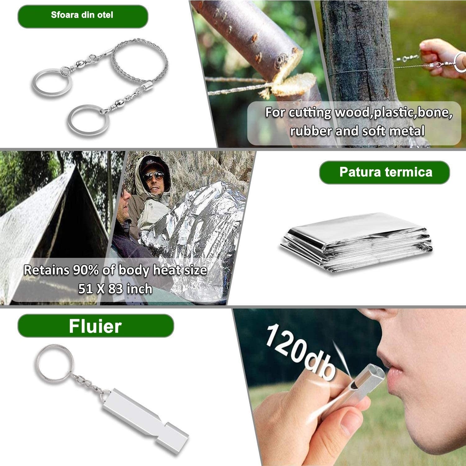 Kit supravietuire multifunctional Flippy, Instrumente profesionale, Trusa de Prim-Ajutor, pentru Camping, Drumetii, Aventuri in aer liber, borseta inclusa, model army-8