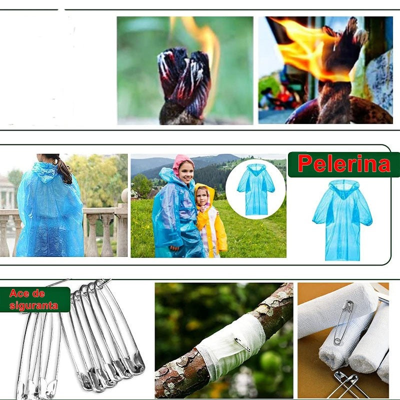Kit supravietuire multifunctional Flippy, Instrumente profesionale, Trusa de Prim-Ajutor, pentru Camping, Drumetii, Aventuri in aer liber, borseta inclusa, model army-12